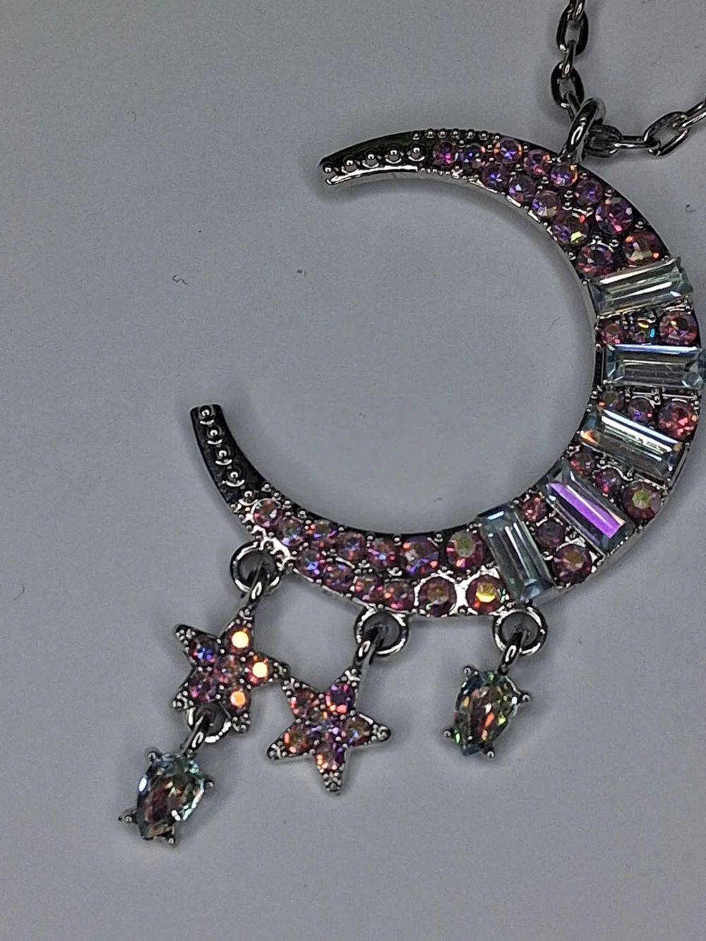 Silver Moon And Star Necklace with Pink Multicoloted Aurora Crystals